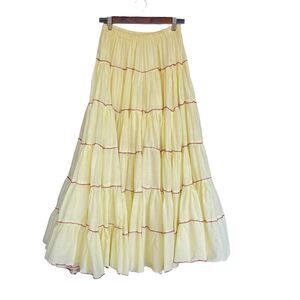 Boho Maxi Skirt Womens Small Tiered Western Contrast Stitching Twirl Yellow